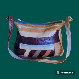 True Vintage 1970s Mexican Leather Colorblock Patchwork Hobo Shoulder Bag